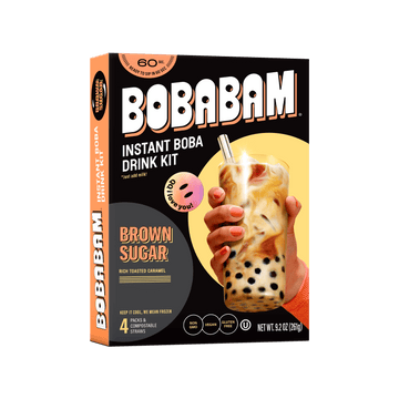 The front of a BOBABAM Brown Sugar Instant Boba Drink Kit package
