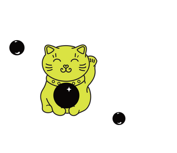Yellow BOBABAM kitty holding a boba ball in front of her and two others floating around.