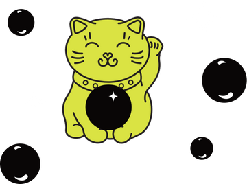 Yellow BOBABAM kitty holding a black boba ball in front of her. Various shaped boba balls floating around her.