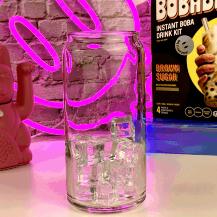 BOBABAM Brown Sugar Boba Drink Kit recipe gif showing boba packet and milk being poured into glass