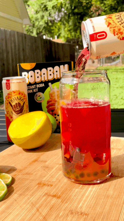 Mango Hibiscus Boba Tea recipe gif combining BOBABAM Mango instant boba drink kit and Shaka tea canned mango tea