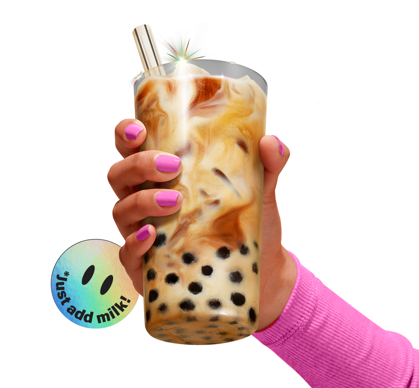 Woman's hand with pink nail polish and pink sleeve holding a BOBABAM brown sugar bubble tea drink and a holographic smiley face sticker next to it that says "just add milk!"