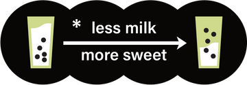 BOBABAM Matcha Sweetness meter that shows a bubble tea icon with less milk that equals less sweet and a bubble tea icon with less milk that equals more sweet.