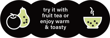 Illustration of fruit and tea topped with Matcha BOBABAM
